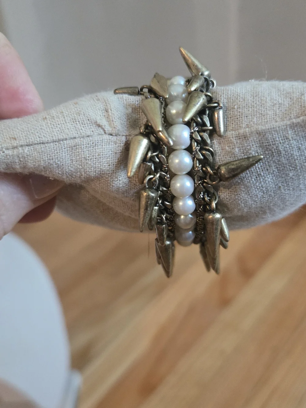 Stella & Dot White Pearl and Antique Gold Spike Layered Bracelet